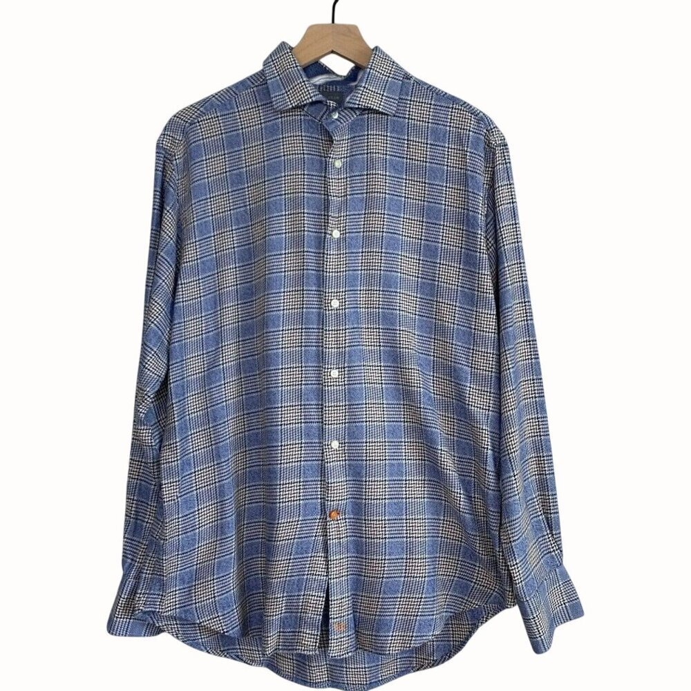 Thomas Dean Men Contrast Flip Cuff Long Sleeve Button Down Shirt Blue Plaid 2XL